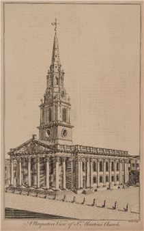 Seven Works: A Perspective View of St Martin's Church; together with six other etchings and engravings depicting churches and buildings in London - Benjamin Cole