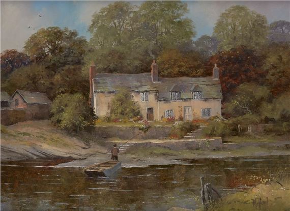 Richard Telford | Fisherman by a cottage and figure on a path by a ...