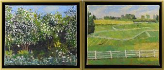 A diptych of pastoral landscapes featuring a blossoming tree and a rolling green field.