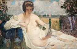 Jeune femme se mirant sur fond méditerranéen by Fernand Allard L'Olivier, 1920