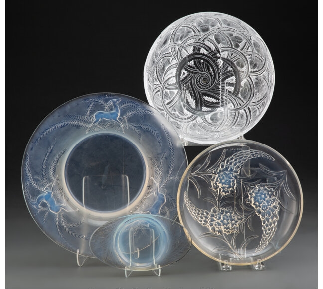 Artwork by René Lalique, Glass Table Articles with a Lalique Glass Coupe, Made of Glass
