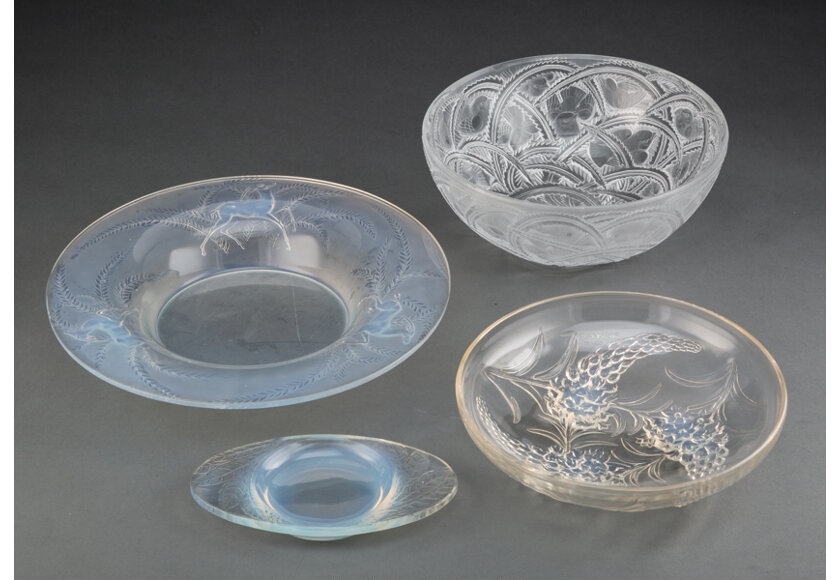 Artwork by René Lalique, Glass Table Articles with a Lalique Glass Coupe, Made of Glass