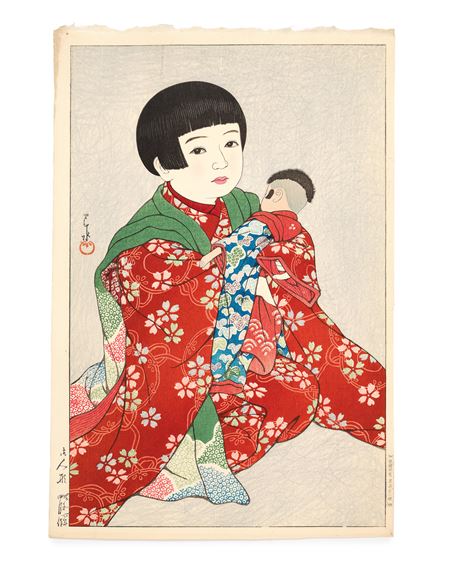 An oban tate-e print, titled on the left margin Oningyo (Doll) from the series Kodomo junidai (Twelve Children) by Hasui Kawase, dated 1931