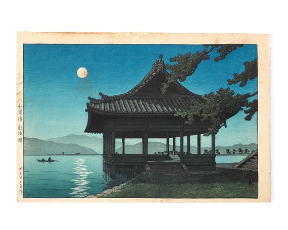 Three oban yoko-e prints: the first Tsuki no Enoura (Moon at Enoura Beach); the second of Miyajima no kairo (A Corridor at Miyajima); the last of Wakaura Kankaikaku (Kankai Pavilion, Wakaura