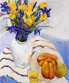 A Yellow Mug, Vase of Flowers & Fruit Plate - Val Landa