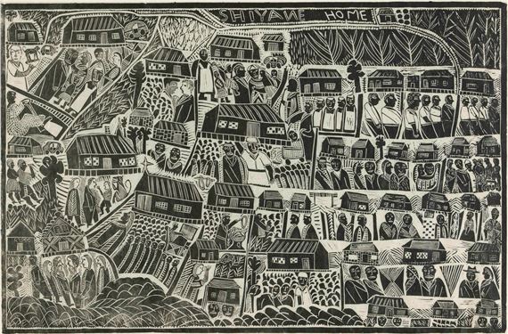 Shiyane Home by John Ndevasia Muafangejo, dated 1969