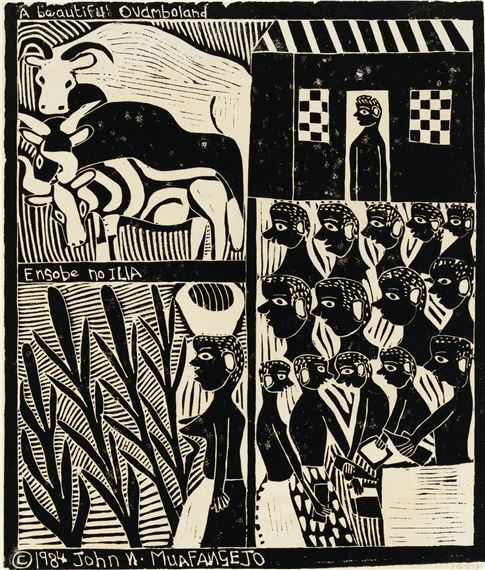 A Beautiful Ovamboland by John Ndevasia Muafangejo, dated 1984