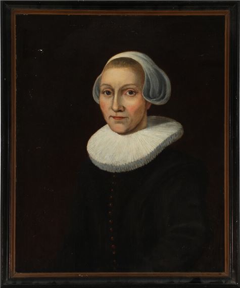 Dutch School, 17th Century | Portrait of a lady in a black dress with a  white ruff and headpiece | MutualArt