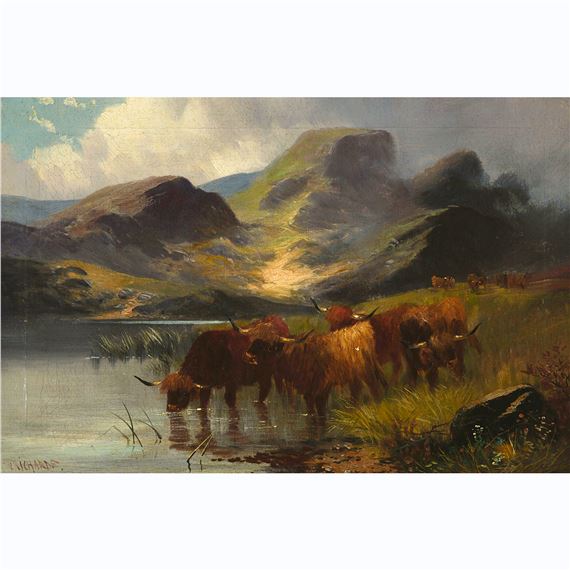 HIGHLAND CATTLE DRINKING AT A POOL by W. Richards