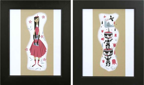 TWO WORKS: GIRL WITH PURSE; STACKED STRIPPED FIGURES by Tim Biskup