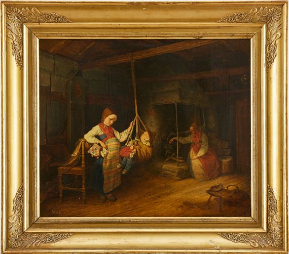 Allmogeinteriör med ett barn som vaggas by Kilian Zoll