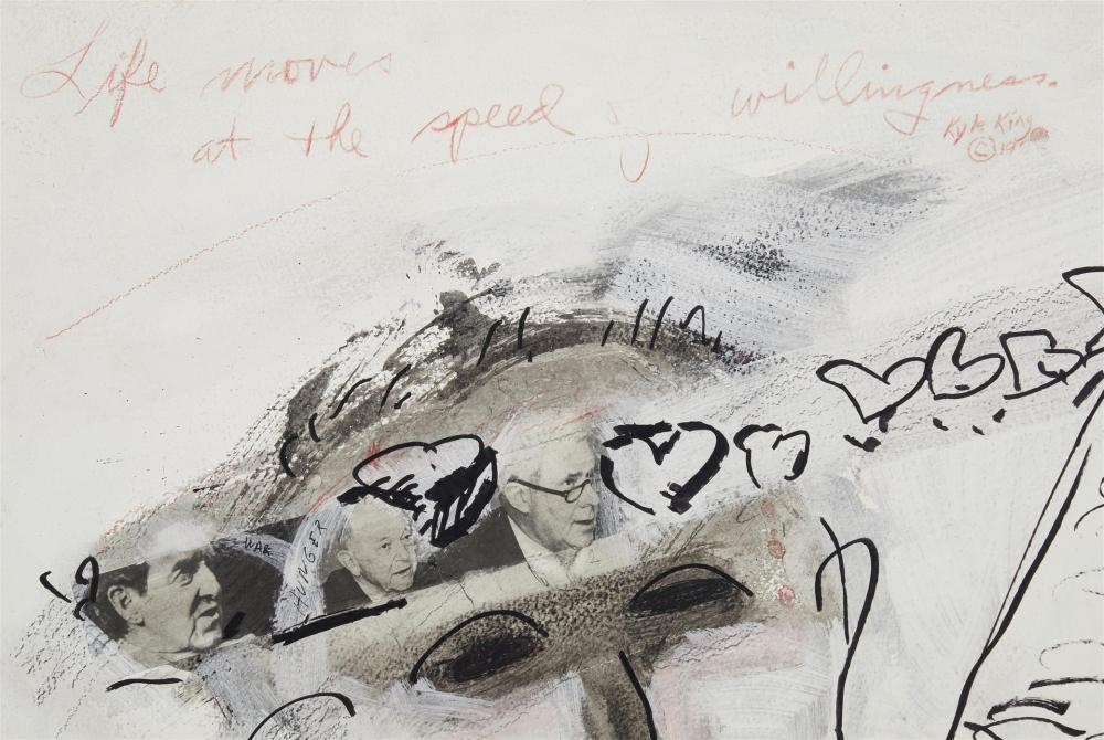 Artwork by Jim Bess, "Life Moves at the Speed of Willingness,", Made of Watercolor, ink and collage on Arches paper