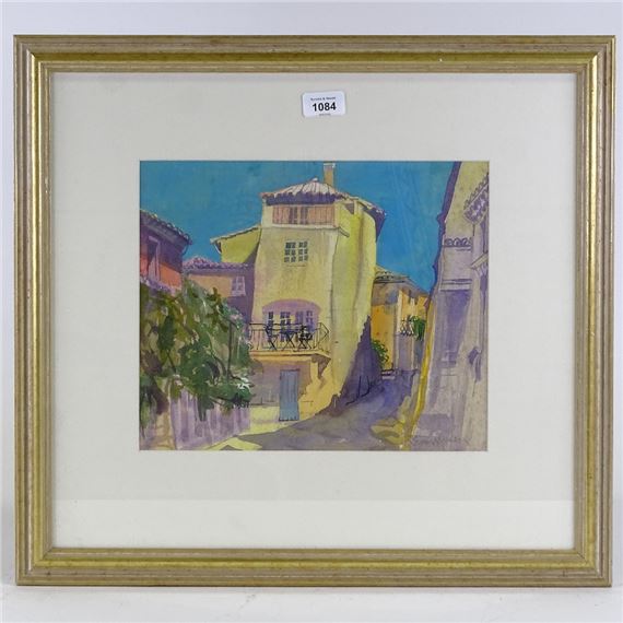 A framed watercolor painting of a sunlit European street scene with yellow buildings and blue sky.