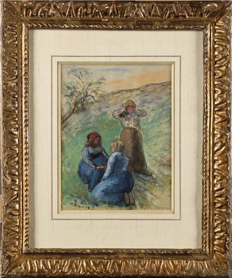 Three peasant women, two kneeling and one standing by Camille Pissarro, circa 1890 - 1891