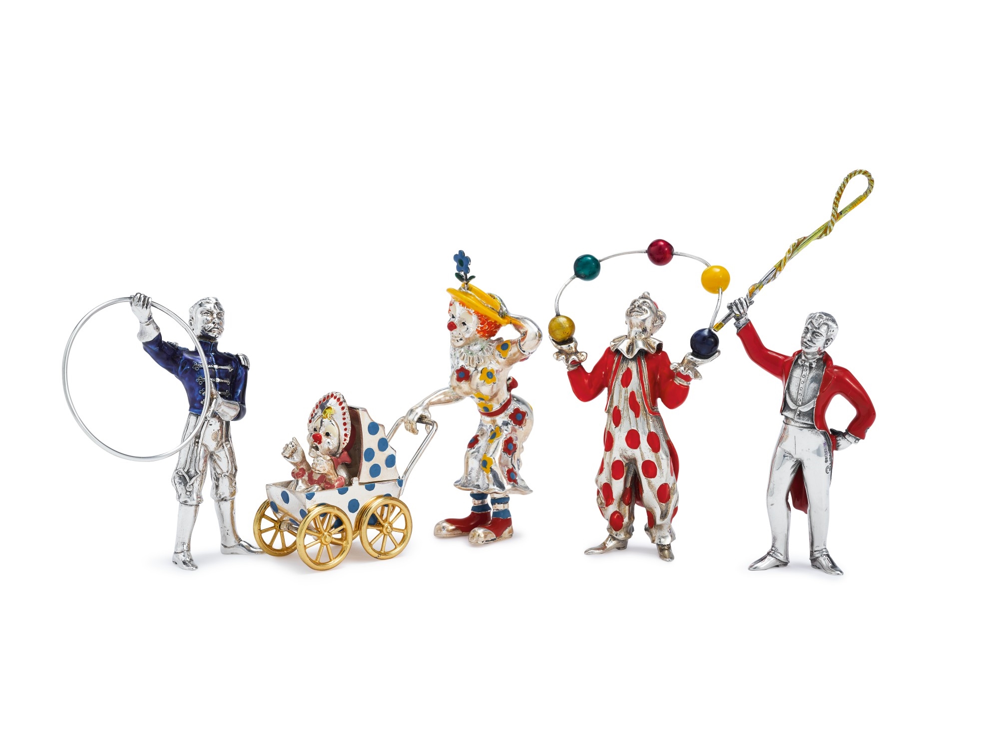 Artwork by Gene Moore, A GROUP OF FOUR SILVER AND ENAMEL CIRCUS FIGURES, Made of SILVER AND ENAMEL