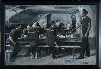 A somber painting of a group of figures in dark uniforms seated at a long table, with one figure standing and gesturing.