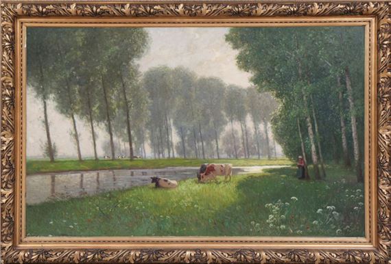 Kühe und Bäuerin in blühender, Pappel-bestandener Landschaft by Jean Grothe