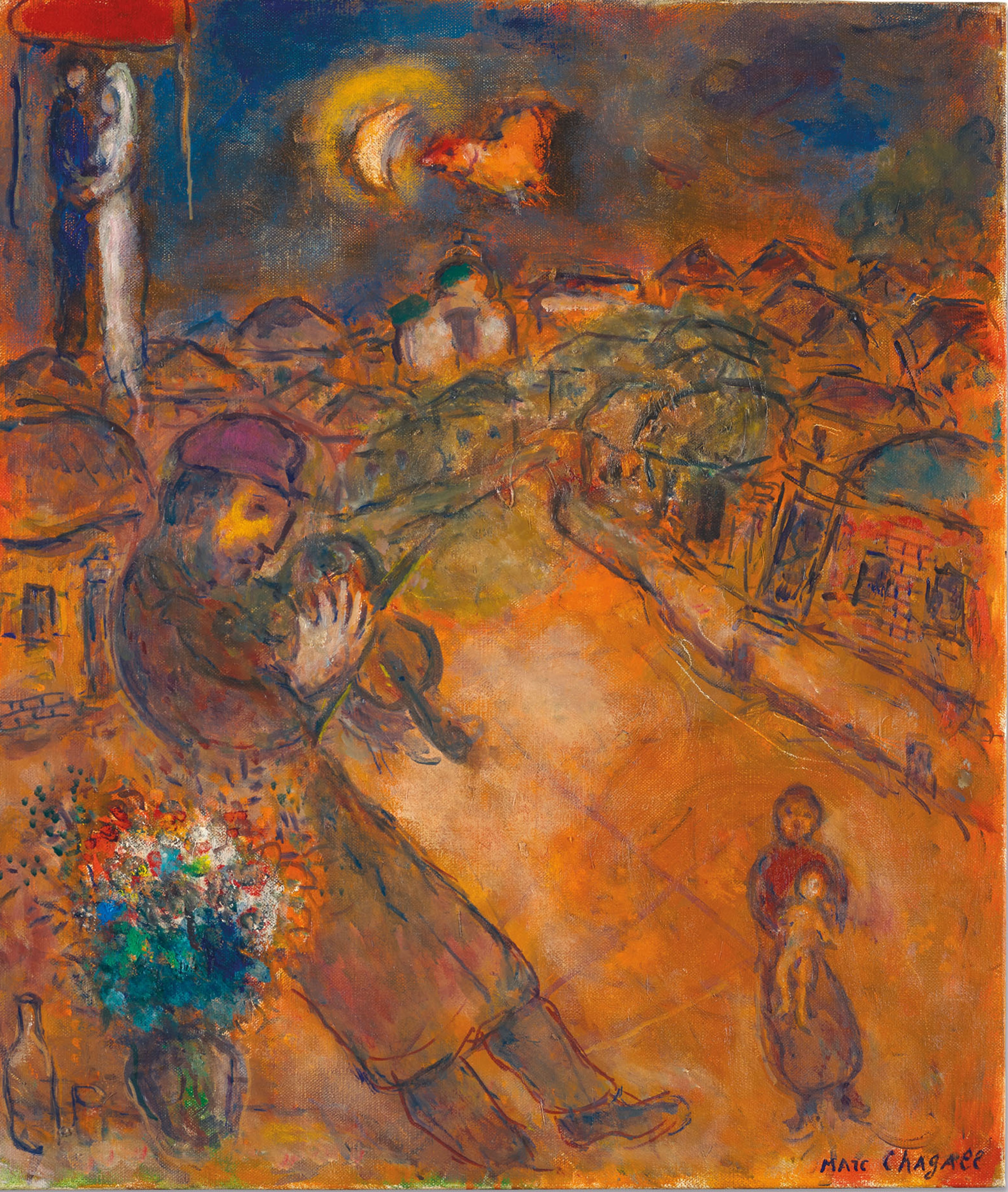 Violoniste dans le clair de lune orangé à Vitebsk by Marc Chagall, 1974, Painted in 1974