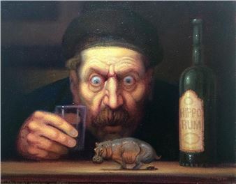 A surreal still life featuring a startled figure, a miniature hippo, and a rum bottle.