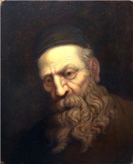 A solemn portrait of an elderly man with a long, curly beard and a dark cap against a dark background.