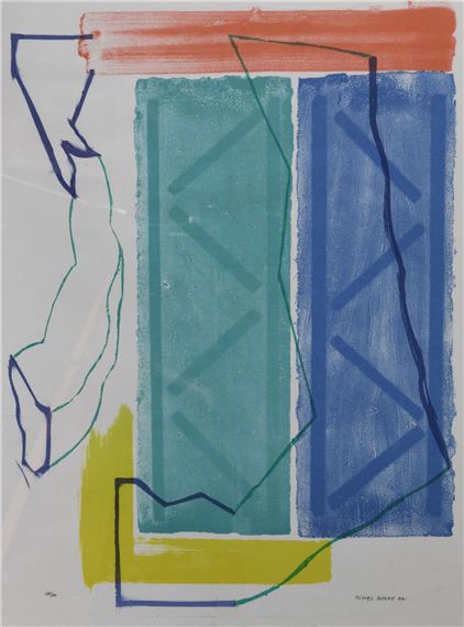 Composition in green, blue, red and yellow