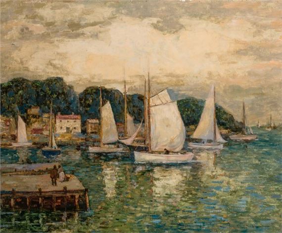 A serene harbor scene at dusk featuring numerous sailboats anchored near a distant shoreline.