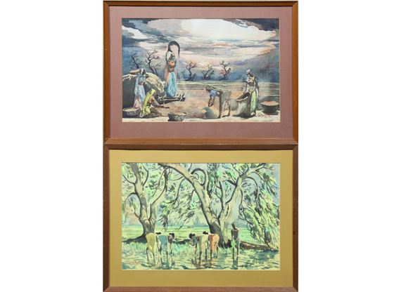 "Workers in the Field," and "Women in the Water's Edge" by G.D. Thyaga Raj, 20th c