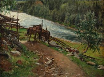 A rustic landscape featuring two dark horses standing beside a wooden fence overlooking a rushing river.