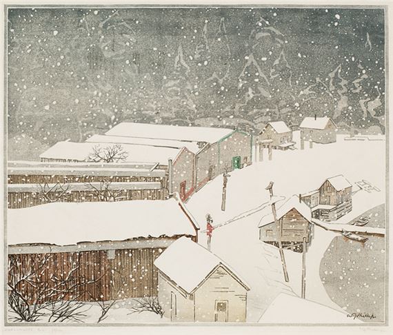 A quiet winter village scene with snow-covered buildings and falling flakes.