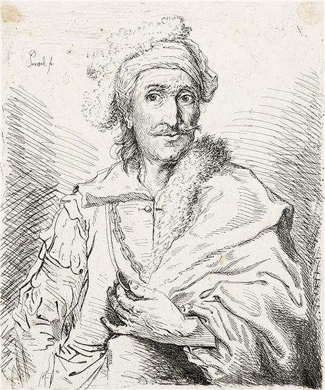 Six works: Büste eines Orientalen; Halbfigur eines bärtigen Alten; Schlafender Satyr; Bäuerliche Szene (3) by Johann Gottlieb Prestel, um 1772