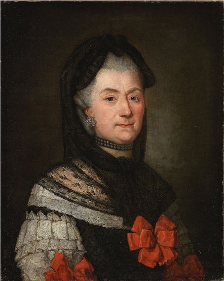 Portrait of a lady, traditionally said to be of the Hönigswald family, bust- black and white lace costume with red bows by German School, 18th Century, 18th Century