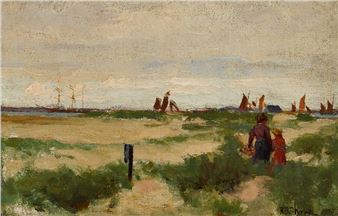 A coastal landscape painting featuring a sandy beach, green dunes, and distant sailboats under a hazy sky.