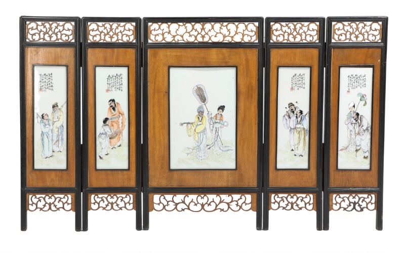 Wang Qi | A Chinese five panel wooden folding screen, insert with ...