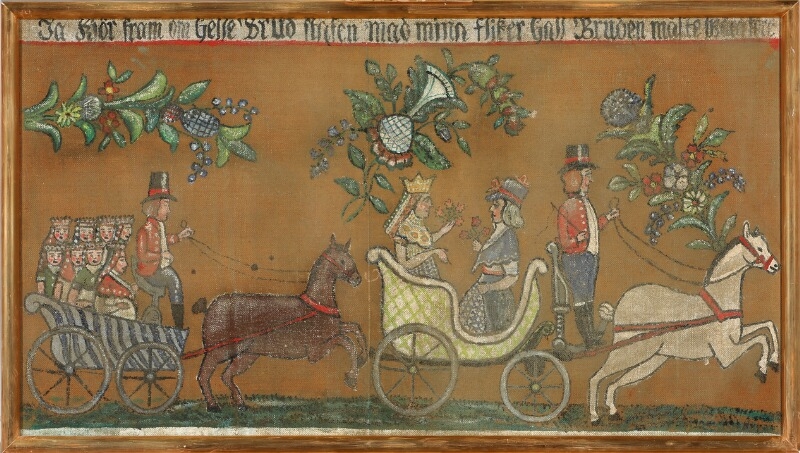 Artwork by Swedish School, 19th Century, Swedish folk art painting of a wedding and inskription, Made of Oil on canvas
