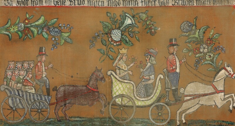 Artwork by Swedish School, 19th Century, Swedish folk art painting of a wedding and inskription, Made of Oil on canvas
