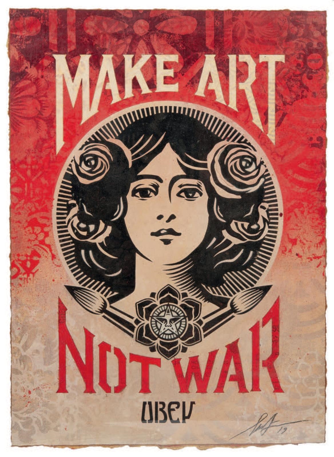 Artwork by Shepard Fairey, Make Art not War, Made of Stencil of aerosol paint and collage on paper