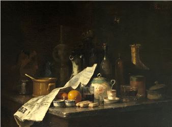 A moody still life featuring a cluttered table with tea, fruit, and newspapers under dramatic lighting.