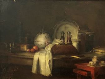 A dark, moody still life featuring a cluttered table with a large white cloth and various decorative objects.