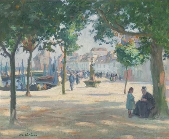 Le quai du bassin et la fontaine à Concarneau animé de bateaux et personnages by Maurice Grün