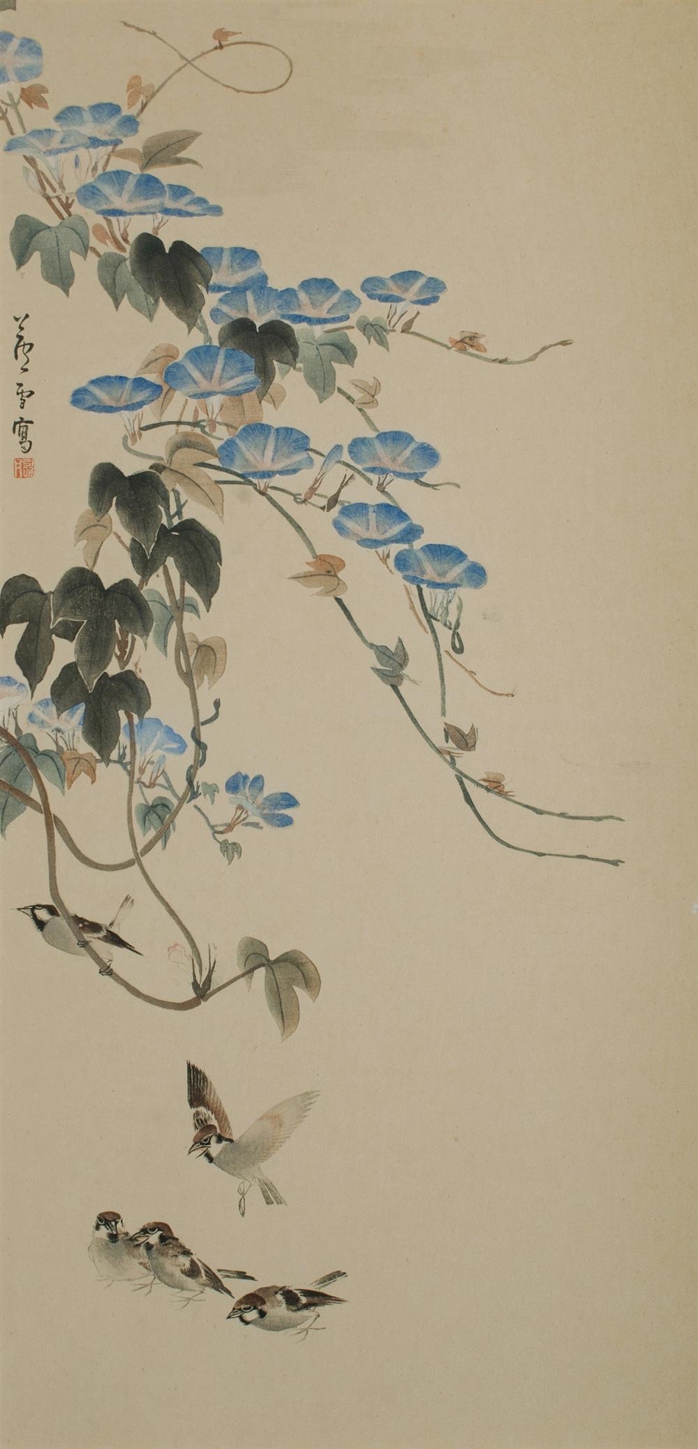 Artwork by Nagasawa Rosetsu, Morning Glories & Sparrows, Made of Woodblock