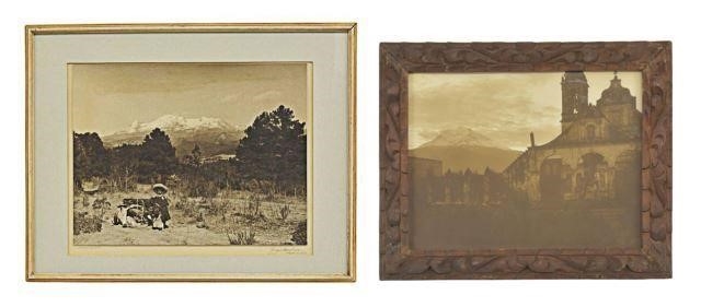 Two works: Iztaccihuatl; Mexico's Popocatepetl volcano behind Senora de los Remedios Church in Cholula Puebla by Hugo Brehme, c.1940s