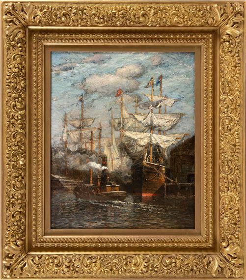 A tug passing ships at dock. by James Gale Tyler