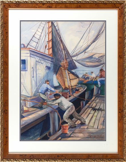 A maritime scene depicting figures hauling a boat at a dock.