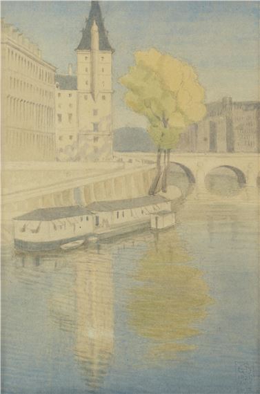 The Seine at Pont St. Michel, Paris by Joseph Edward Southall, 1929