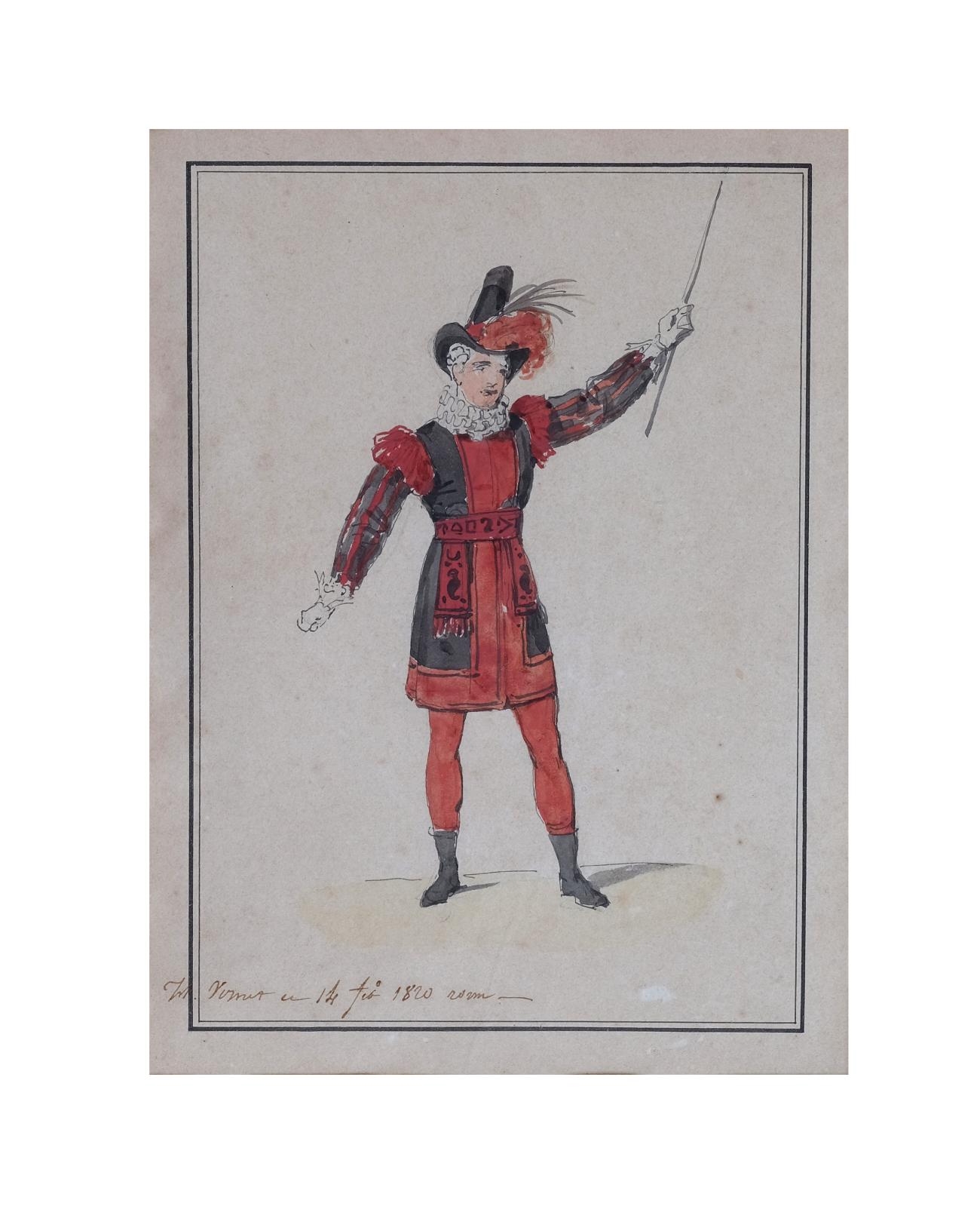 Artwork by Horace Vernet, Une paire de personnage : italien et italienne en pied, Made of Watercolor, pen and black ink over black pencil lines