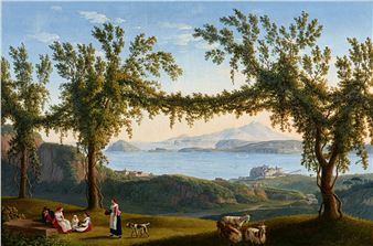 Country Folk Resting Beneath the Vines in the Hills above Solfatara, with a View of Ischia, Procida and the Bay of Pozzuoli - Jacob Philippe Hackert