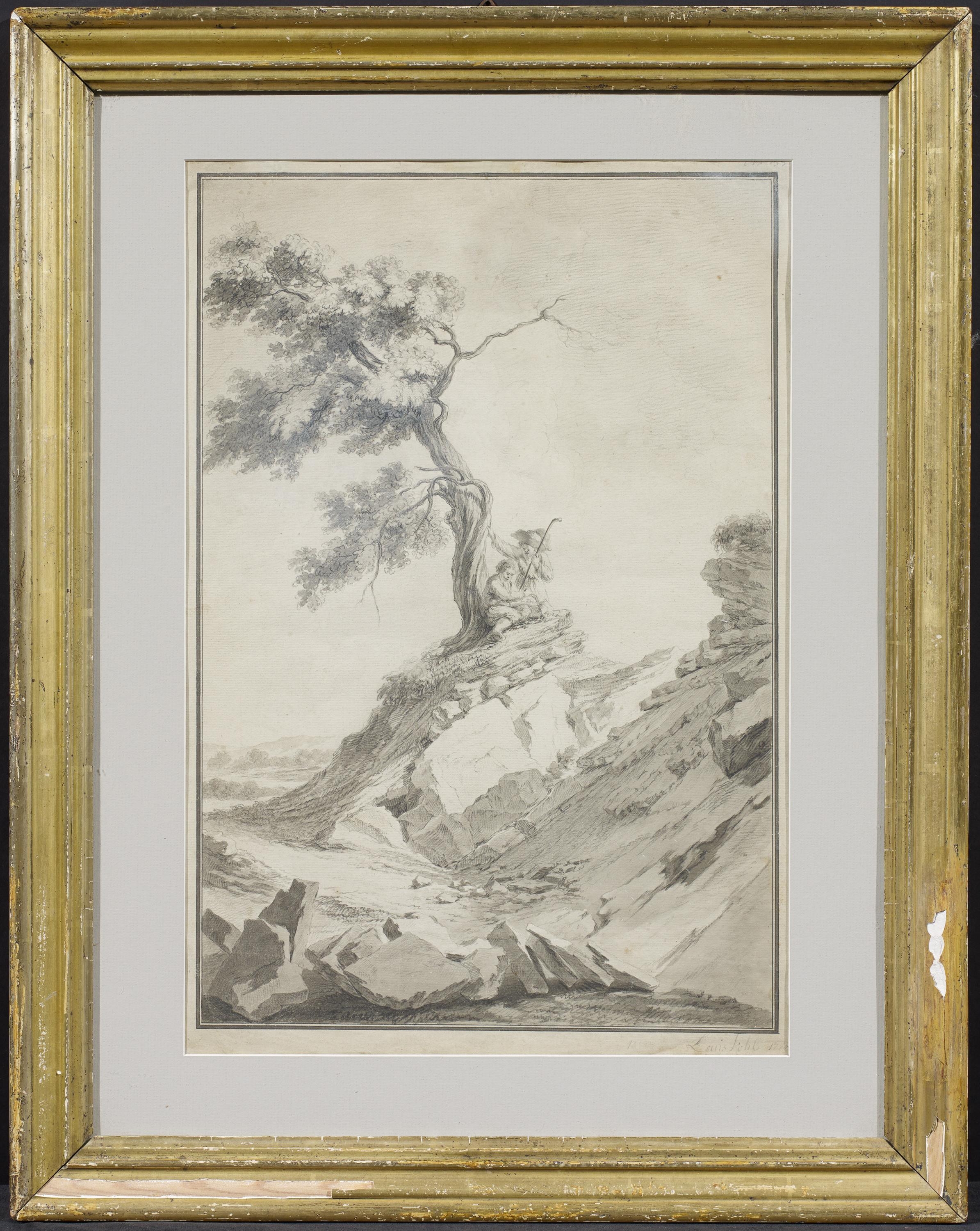 Artwork by Ludwig Kohl, Shepherds Resting by a Tree., Made of Watercolour over black pen on paper