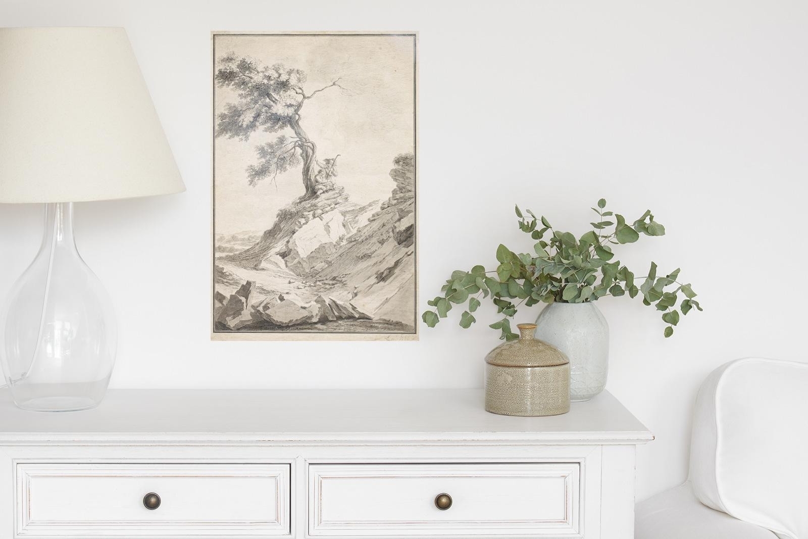 Artwork by Ludwig Kohl, Shepherds Resting by a Tree., Made of Watercolour over black pen on paper