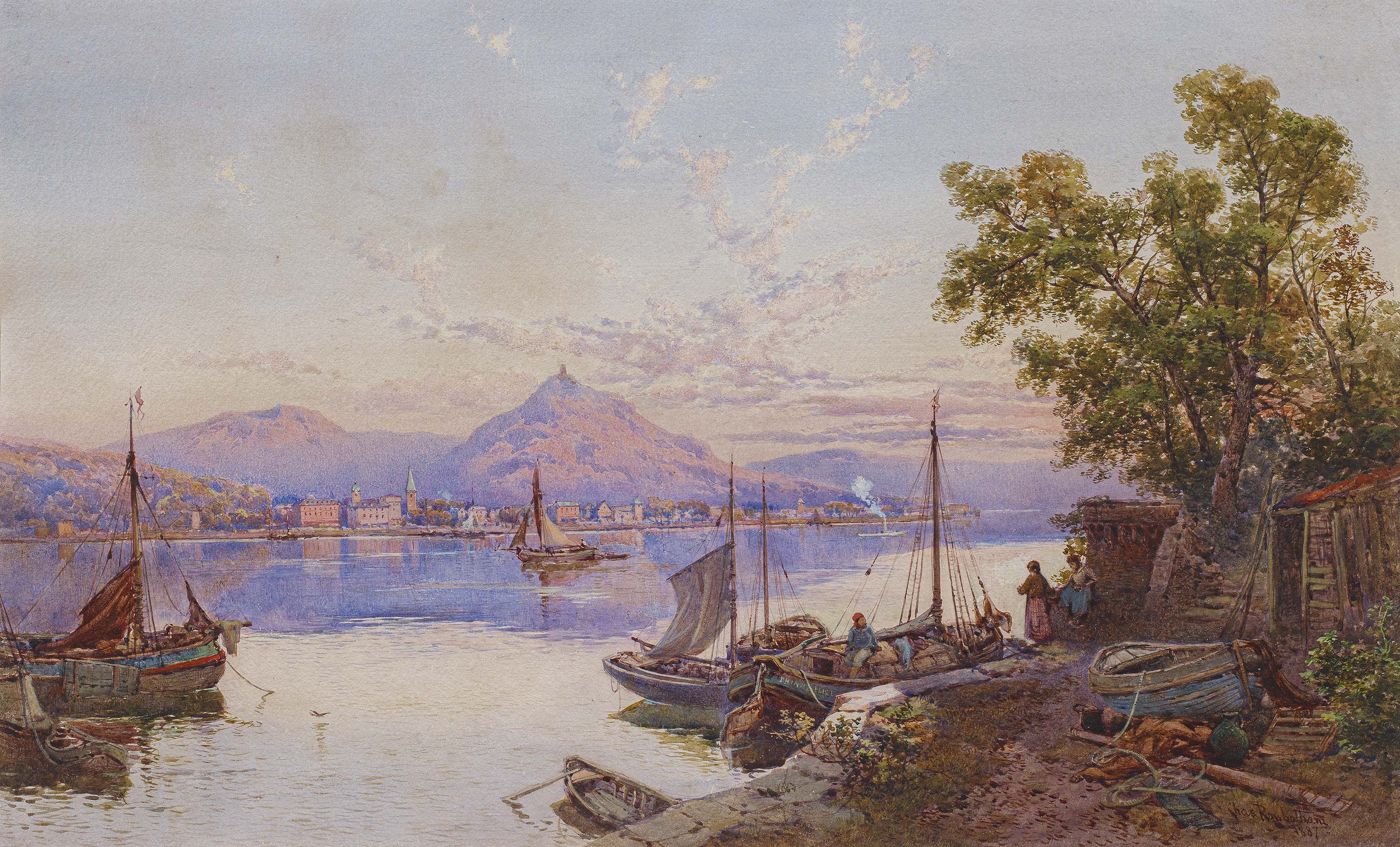 Morning Mood on the Rhine against the Backdrop of the Siebengebirge and Drachenfels. by Charles Edmund Rowbotham, 1887