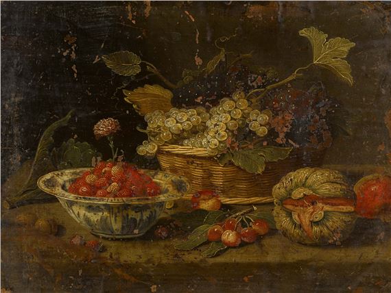 Still Life with a Basket of Wine Grapes, a Porcelain Bowl with Strawberries and a Melon. by Pseudo Jan van Kessel II